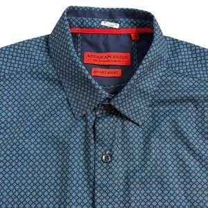 American Breed Mens Blue Geometric Print Short Sleeve Stretch Smart Shirt XL